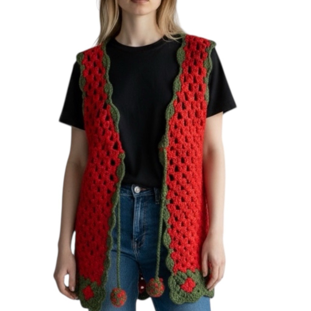 Christmas crochet vest red green size medium handmade holiday open stitch W/tie - Picture 2 of 11